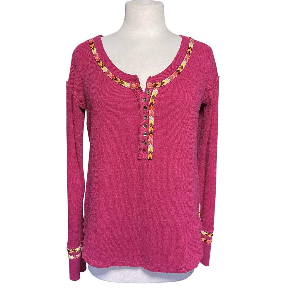 FREE PEOPLE x WE THE FREE Pink Waffle Knit Rainbow Embroidered Top - Picture 2 of 5
